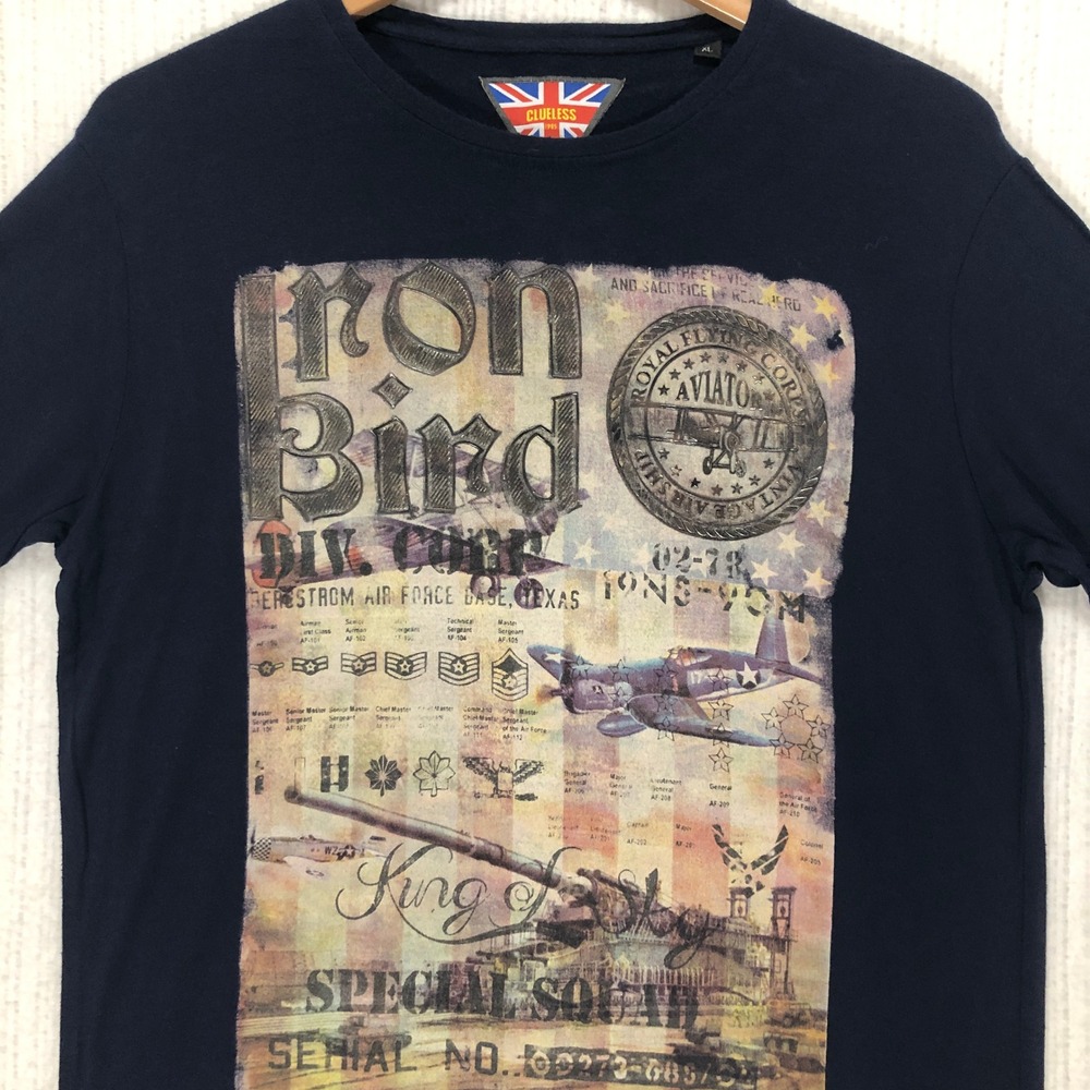 Clueless Navy Blue Iron Bird‎ Aviation Graphic T-Shirt Mens XL Military Pilot